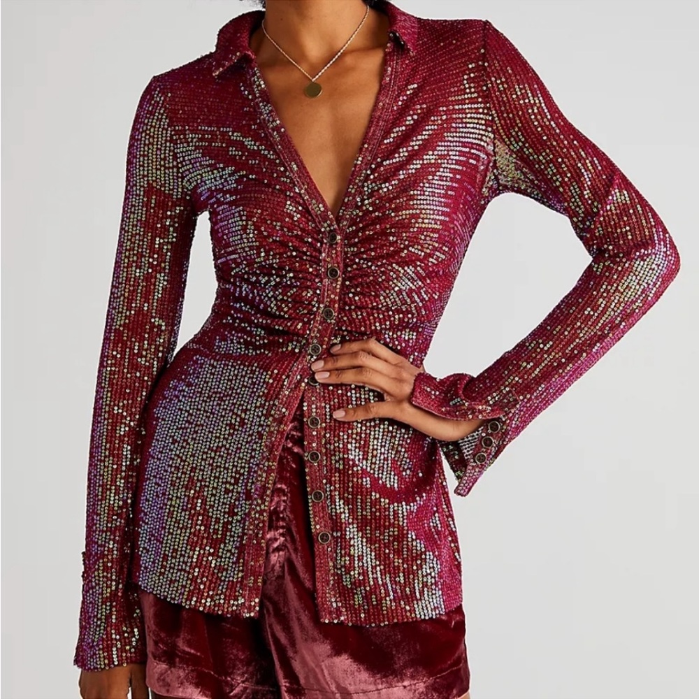Free People Sequin Shirtee Dark Rhubarb Top Blouse
